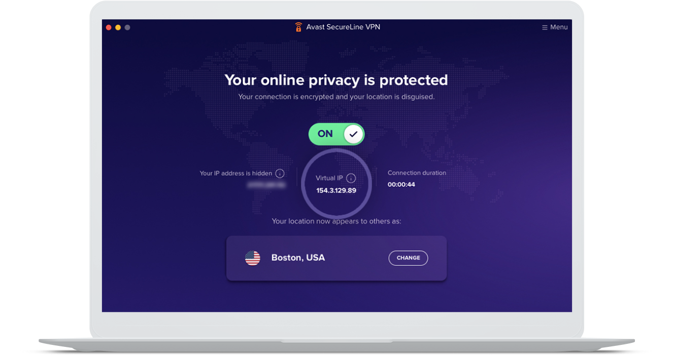 The Avast SecureLine VPN home screen showing server location and virtual IP address.