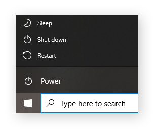 Shutting down a PC via the Power button on the Windows Start menu.